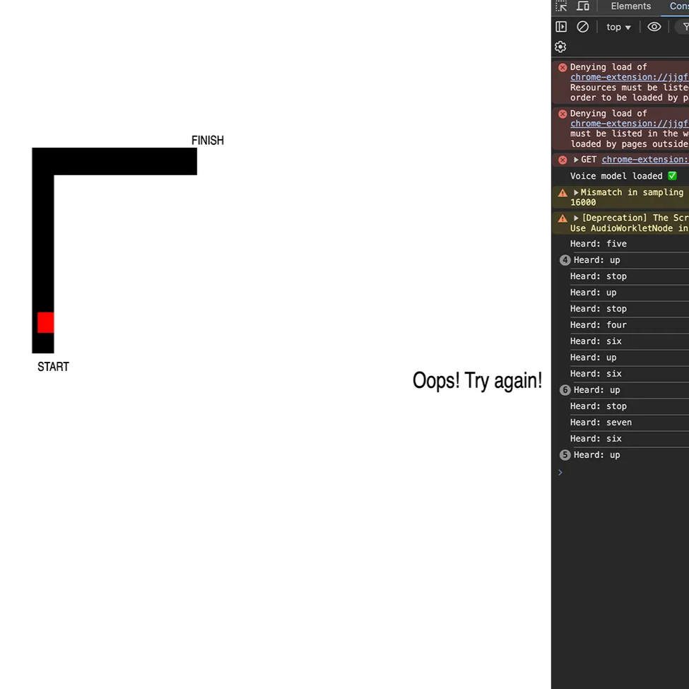 This is a follow-the-path game where the user has to use their voice to get the square to follow the path, if they go off-path the game restarts. https://chatgpt.com/share/6807a3fd-308c-8011-9b8b-13220999c368